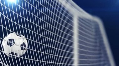 Hedef Net yavaş uçan futbol topu. Siyah arka plan ve işaret fişekleri. Spor kavram. Güzel futbol gol an 3d animasyon. 4 k Ultra Hd 3840 x 2160.