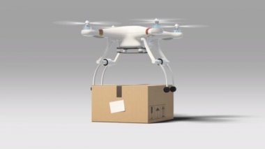 Zemin ve uzak uçan bir paketi ile kapalı alarak robot. Alfa mat ile 3D animasyon. Modern teslim kavramı. 4 k Ultra Hd 3840 x 2160.