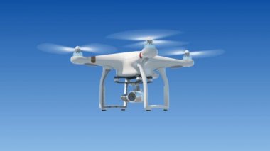 Mavi gökyüzünde asılı ve Video çekim Quadcopter. Yeşil ekran ve alfa maskesi ile sorunsuz 3d animasyon. Modern elektronik kavramı. 4k Uhd 3840 x 2160.
