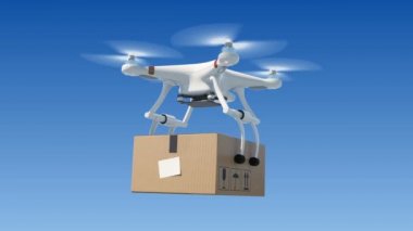 Quadcopter adında bir paket mavi gökyüzünde. Yeşil ekran ve alfa maskesi ile 3D animasyon ilmekledi. Modern teslim kavramı. 4k Uhd 3840 x 2160.