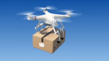 Quadcopter adında bir paket mavi gökyüzünde. Yeşil ekran ve alfa maskesi ile sorunsuz 3d animasyon. Modern teslim kavramı. 4k Uhd 3840 x 2160.