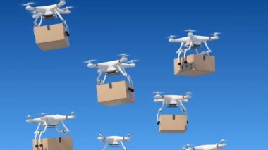 Bir sürü Quadcopters yükselen kadar paketleri ile mavi gökyüzünde. Yeşil ekran ve alfa maskesi ile 3D animasyon ilmekledi. Modern teslim kavramı. 4k Uhd 3840 x 2160.