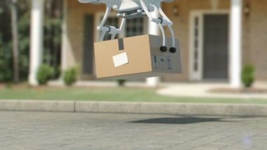 Quadcopter adında bir paket hedef yere. Bir paket bırakarak ve uçup. Güzel 3d animasyon. Modern teslim kavramı. 4k Uhd 3840 x 2160.