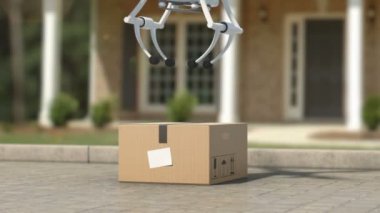 Quadcopter bir paket yerden alıyorum. Bir parsel ve uzak uçan ile çıkartıyorum. Güzel 3d animasyon. Modern teslim kavramı. 4 k Ultra Hd 3840 x 2160.