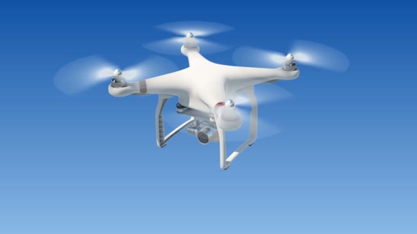 Quadcopter pływające w błękitne niebo i ekranizacja z jego aparat fotograficzny. Zapętlona animacja 3d z zielony ekran i maską alfa. Koncepcja nowoczesnej elektroniki. 4k Uhd 3840 x 2160. — Wideo stockowe