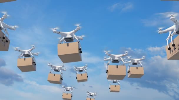 Vele Drones vliegen in de wolken en het leveren van pakketten. 3D-animatie met groen scherm en Alfa masker een lus. Frames 92-195 kunnen lus. Moderne levering Concept. 4k Uhd 3840 x 2160. — Stockvideo