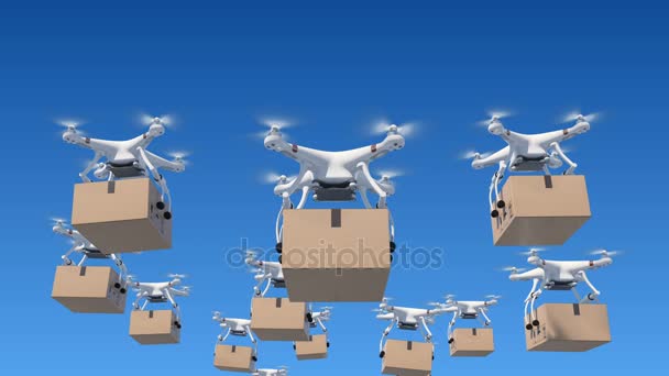Molti droni volano nel cielo blu e consegnano pacchetti. Animazione 3d loop con schermo verde e maschera alfa. Concetto di consegna moderno. 4k UHD 3840x2160 . — Video Stock