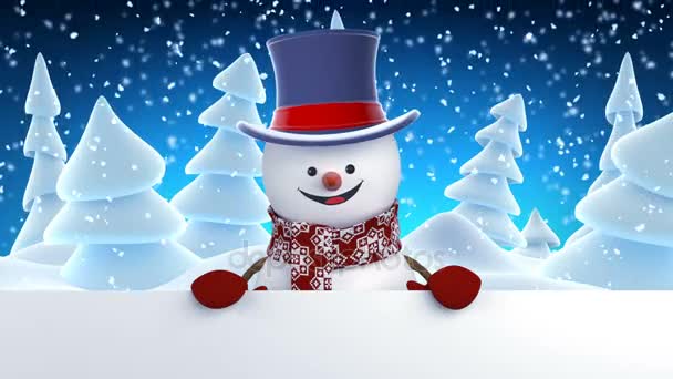 Funny Snowman in High-Hat Greeting with Hands and Smiling. Beautiful 3d Cartoon Animation with Green Screen. Animated Greeting Card. Merry Christmas and Happy New Year Concept. Full HD 1920x1080.