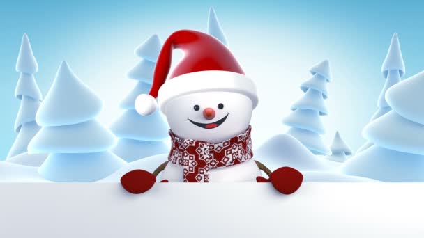 Legrační sněhulák v Santa Claus čepice pozdrav s rukou a usmívá se. Krásné 3d Kreslená animace s zeleným plátnem. Animované přání Veselé Vánoce a šťastný nový rok koncepce Full Hd 1920 × 1080
