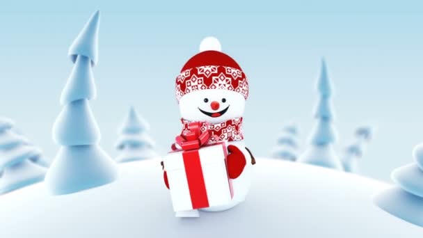 Legrační sněhulák v zimním lese drží současné Box s úsměvem. Krásné smyčkového 3d kreslené animace. Animovaný pozdrav karty Veselé Vánoce a šťastný nový rok konceptu. Full Hd 1920 × 1080.