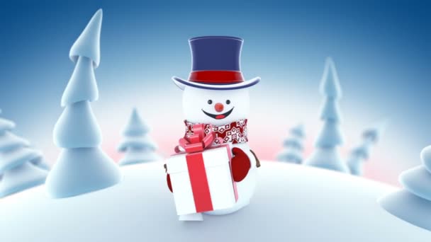 Legrační sněhulák těmi nafoukanými univerzitními procházky v zimním lese drží dar úsměvu. Krásné smyčkového 3d kreslené animace. Animovaný pozdrav karty Veselé Vánoce a šťastný nový rok konceptu. Full Hd 1920 × 1080.