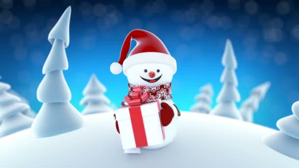 Muñeco de nieve divertido en Santa Claus Cap Caminando en el bosque de invierno con un regalo. Hermosa Looped 3d animación de dibujos animados. Tarjeta de felicitación animada. Feliz Navidad y Feliz Año Nuevo Concepto. Full HD 1920x1080 . — Vídeo de stock