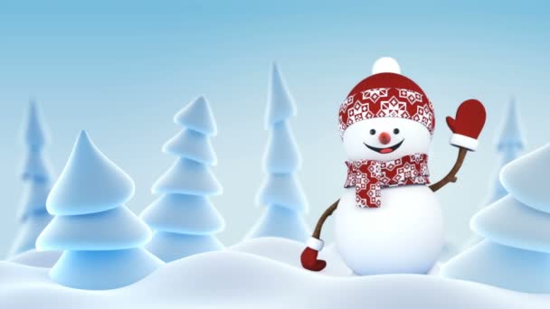 Vicces hóember, piros kalap, üdvözlés, kézzel és mosolyogva téli erdőben. Utolsó 80 keretek képesek hurok. Zöld képernyő és alfa-Matt. Kellemes karácsonyi ünnepeket és boldog új évet koncepció. Full Hd 1920 x 1080.