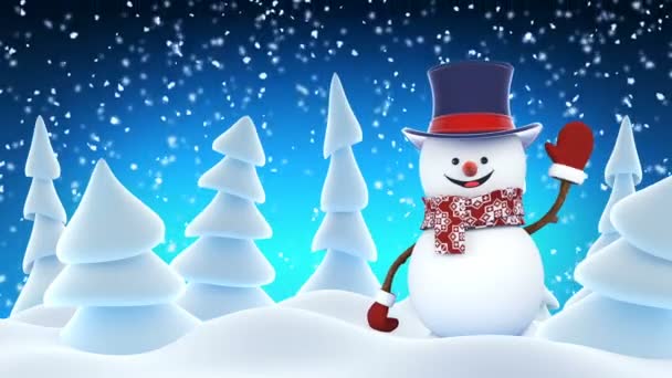 Rolig snögubbe High-Hat går på scenen vinkar och ler i vinter skog. Vackra loopas 3d tecknad Animation. Animerade gratulationskort Card. god jul och gott nytt år-konceptet. Full Hd 1920 x 1080. — Stockvideo