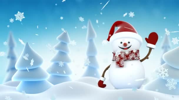 Muñeco de nieve divertido en Santa Claus Cap ondeando y sonriendo en el bosque de invierno. Hermosa Looped 3d animación de dibujos animados. Pantalla Alpha Verde Mate. Feliz Navidad y Feliz Año Nuevo Concepto. Full HD 1920x1080 . — Vídeo de stock