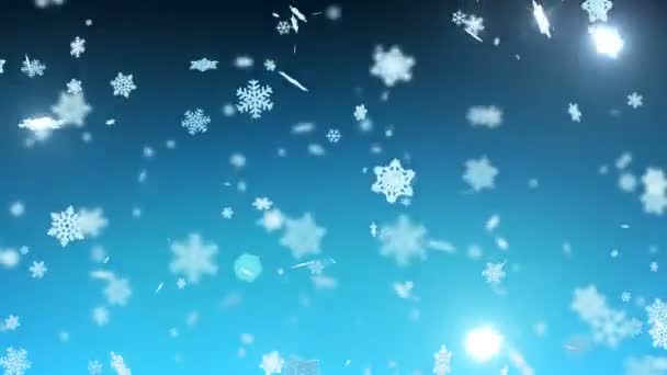 Szikrák és fényfoltok alá tartozó nagy hópelyhek az éjszakai égbolton. Téli hóesés. Kellemes karácsonyi ünnepeket és boldog új évet koncepció. Végtelenített 3D-s animáció. 4k Uhd 3840 x 2160. — Stock videók