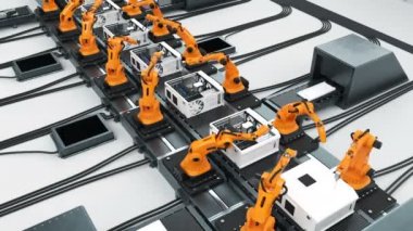Bilgisayar montaj bandında birçok robot savaş silahları. Modern gelişmiş işlem otomatik. 3D animasyon ilmekledi. İş ve teknoloji kavramı. 4k Uhd 3840 x 2160.