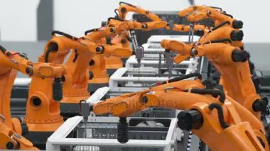 Bilgisayar montaj bandında çok robot kollarına. Modern gelişmiş işlem otomatik. 3D animasyon ilmekledi. İş ve teknoloji kavramı. 4 k Ultra Hd 3840 x 2160.