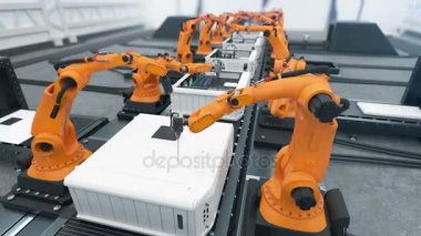 Konveyör bant yakın çekim bilgisayar montajı robot savaş silahları. Otomatik işlem gelişmiş. 3D animasyon ilmekledi. İş ve teknoloji kavramı. 4k Uhd 3840 x 2160.
