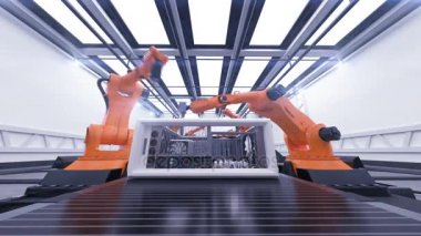 Güzel Robotik Kollar Konveyör Bant Üzerinde Bilgisayar Kılıfları Montaj. Fütüristik Gelişmiş Otomatik Süreç. 3d Animasyon. İş, Sanayi ve Teknoloji Kavramı. Full Hd 1920x1080.
