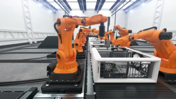 Robotic Arms Assembling Computers On Conveyor Belt. Proceso automatizado avanzado moderno. Hermosa animación 3d. Concepto de Negocios y Tecnología. Full HD 1920x1080 . — Vídeo de stock