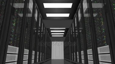 Hareketli üzerinden çalışan sunucular Modern Datacenter içinde. Cloud Computing veri depolama. Karmaşık hesaplamalar. 3D animasyon ilmekledi. 4 k Ultra Hd 3840 x 2160.