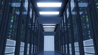 Güzel çalışma sunucular Modern Datacenter içinde. Hareket. Cloud Computing veri depolama. Karmaşık hesaplamalar. 3D animasyon ilmekledi. 4k Uhd 3840 x 2160.