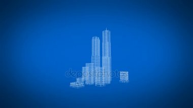 Çağdaş büyüyen binaların güzel dönen Blueprint. İnşaat ve teknoloji kavramı. Mavi renk 3d animasyon. 4k Uhd 3840 x 2160.