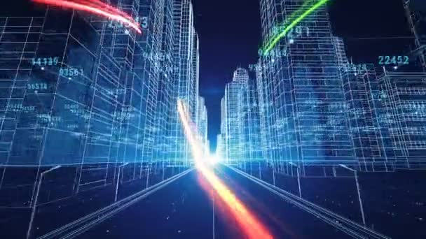 Tratti di colore che volano attraverso la città di notte digitale con numeri e griglie. Progetto 3d. Business and Technology Concept. Animazione 3d. 4k UHD 3840x2160 . — Video Stock