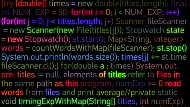 Анимация процесса программирования. Компьютерный код, запущенный на экране данных. Яркие цвета светятся. Концепция программного обеспечения и технологий. 4k UHD 3840x2160 . — стоковое видео