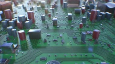 Devre kartı Dof bulanıklık ile güzel uçuş. Bilgisayar anakart yakın çekim 3D animasyon ilmekledi. Teknoloji ve dijital kavramı. 4k Uhd 3840 x 2160.