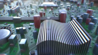 Güzel devre ve Dof bulanıklık ile işlemciler üzerinde uçan. Modern bilgisayar anakart ve Cpu yakın çekim 3D animasyon ilmekledi. Teknoloji ve dijital kavramı. 4 k Ultra Hd 3840 x 2160.