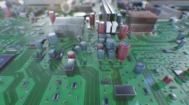 Güzel uçan Dof bulanıklık ile devre kartı. Bilgisayar anakart yakın çekim 3D animasyon ilmekledi. Teknoloji ve dijital kavramı. 4k Uhd 3840 x 2160.