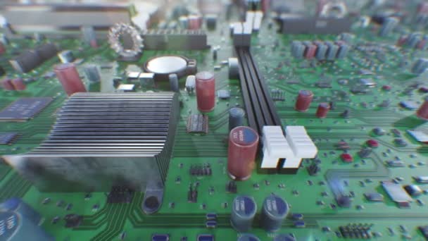 Hermoso vuelo sobre la placa de circuito y procesadores con desenfoque DOF. Looped 3d Animation of Modern Computer Motherboard and CPU Close-up (en inglés). Tecnología y Concepto Digital. 4k Ultra HD 3840x2160 . — Vídeo de stock