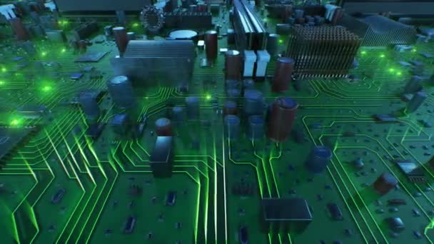 Terbang di atas Circuit Board dengan lampu hijau. Looped 3d Animation of Motherboard with Flares (dalam bahasa Inggris). Teknologi dan Konsep Digital. 4k UHD 3840x2160 . — Stok Video