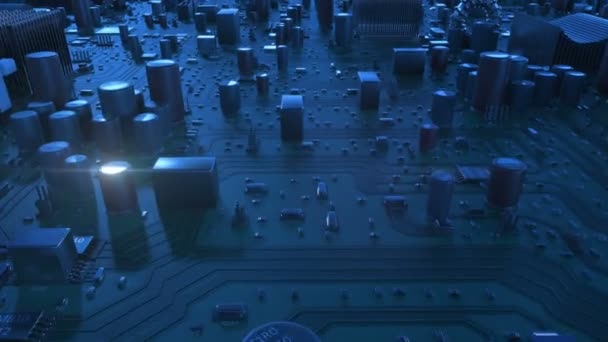 Superbe vol au-dessus du circuit bleu. Animation 3D en boucle de la carte mère avec des fusées éclairantes. Technologie et concept numérique. 4k UHD 3840x2160 . — Video