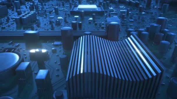 Survoler le circuit imprimé et les processeurs. Animation 3D en boucle de la carte mère et du processeur avec Blue Flares. Technologie et concept numérique. 4k Ultra HD 3840x2160 .