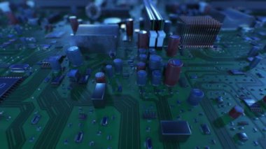 Uçan devre kartı. Anakart Dof ile 3D animasyon ilmekledi. Teknoloji ve dijital kavramı. 4k Uhd 3840 x 2160.