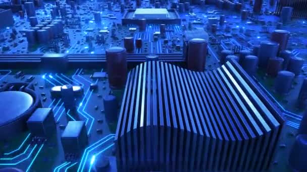 Flight Over the Motherboard and Processors with Blue Signals. Looped 3d Animation of Circuit Board and CPU with Blue Flares. Technology and Digital Concept. 4k Ultra HD 3840x2160. — Stock Video