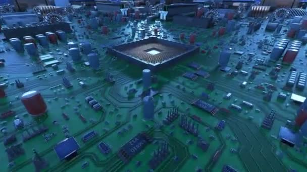 Installation du processeur sur le processus de la carte mère avec signaux bleus. Belle animation 3D de carte de circuit imprimé et CPU avec des électrons en cours d'exécution. Technologie et concept numérique. 4k Ultra HD 3840x2160 .