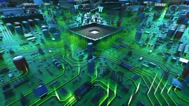 Processor Installation on the Motherboard Process with Green Lights. Beautiful 3d Animation of Circuit Board and CPU with Wave and Flares. Technology and Digital Concept. 4k Ultra HD 3840x2160. — Stock Video