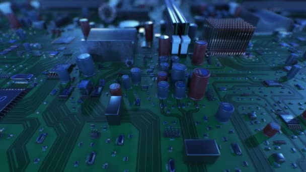 Survoler le circuit imprimé. Animation 3D en boucle de la carte mère avec DOF. Technologie et concept numérique. 4k UHD 3840x2160 . — Video