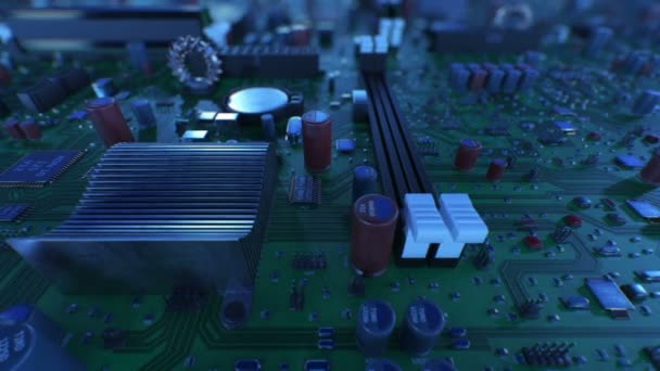 Hermoso vuelo sobre la placa de circuito y procesadores. Looped 3d Animation of Motherboard and CPU with DOF (en inglés). Tecnología y Concepto Digital. 4k Ultra HD 3840x2160 . — Vídeo de stock