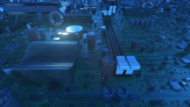Survoler la carte mère avec des processeurs et des fusées éclairantes. Animation 3D en boucle du circuit imprimé avec processeurs et fusées éclairantes. Technologie et concept numérique. 4k UHD 3840x2160 .