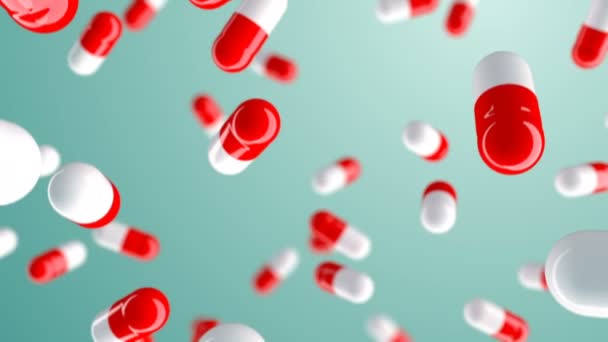 Hermosas píldoras de la cápsula cayendo sin costura. Looped 3d Animation of Drugs Fall on Light Background (en inglés). Concepto de Medicina y Empresa Farmacéutica. 4k Ultra HD 3840x2160 . — Vídeo de stock