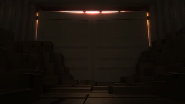 Puertas de contenedores de metal que se abren a la brillante escena de la luz del sol. Envío de carga contenedor apertura 3d animación. Concepto de transporte. 4k Ultra HD 3840x2160 . — Vídeo de stock