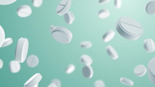 Білі Круглі Таблетки Падають Безшовно Тривимірна Анімація Наркотиків Падає Тлі — стокове відео