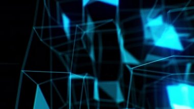 Kara Arkaplanda DOF Görüntü ile Büyüyen İş Ağı Mavi Rengi. Çizgiler ve Noktalar ile Güzel 3d Animasyon Geometrik Şekiller Örgü Hareketli Grafik Deseni. 4k Ultra HD 3840x2160.