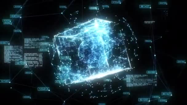 Schönes Hologramm des Digital Global Business Network, das nahtlos im Cyberspace rotiert. Geschlungene 3D-Animation abstrakter Gitterkugeln und Schachteln mit Text. Technologiekonzept. 4k Ultra HD 3840x2160. — Stockvideo