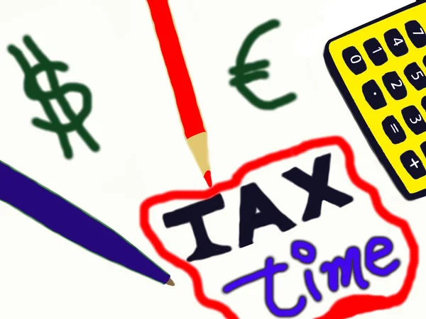 Vergi zamanı. Kalem, kalem ve hesap makinesi. Beyaz arka plan. Dolar. Euro.